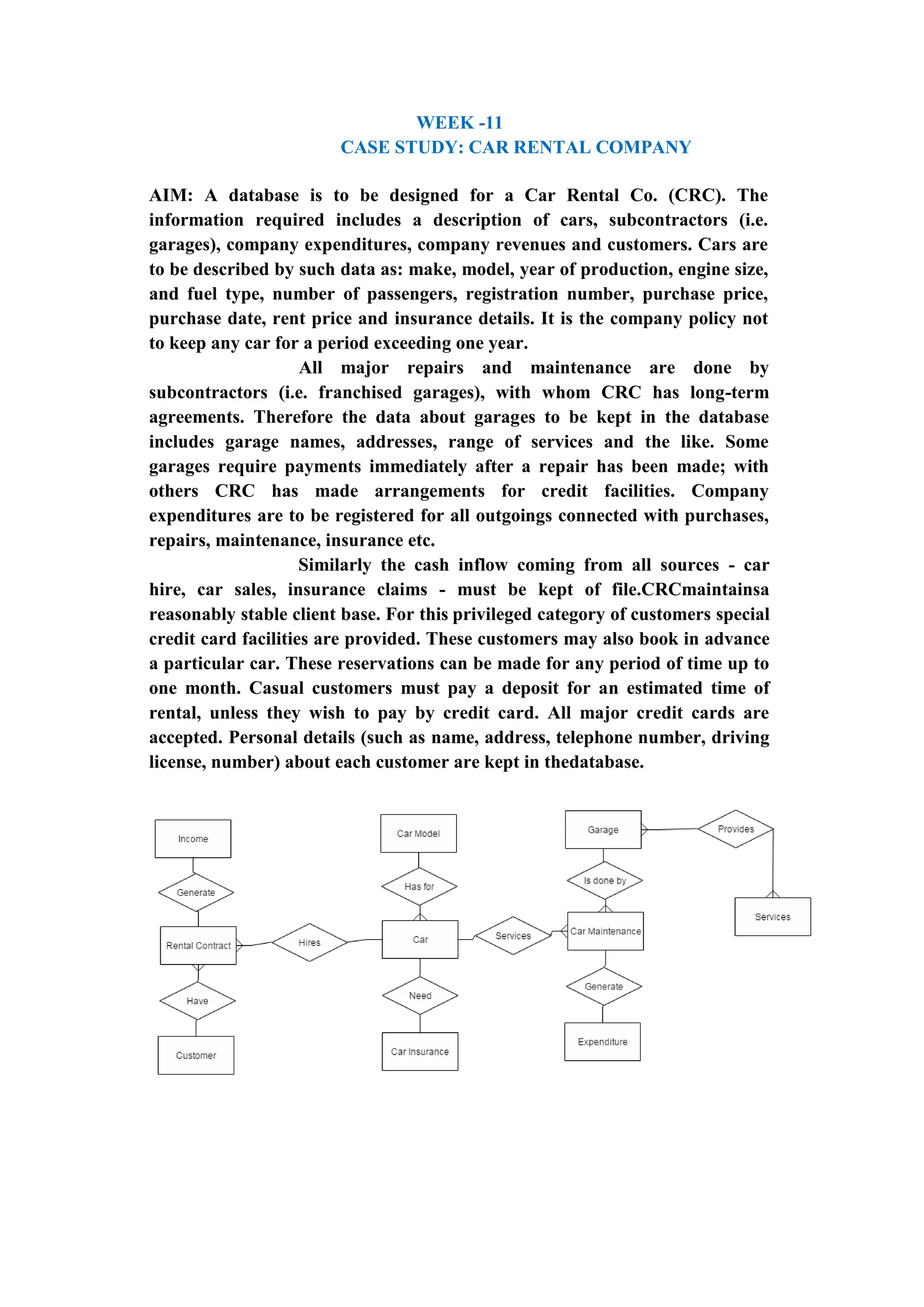 WEEK -11
CASE STUDY: CAR RENTAL COMPANY
AIM: A database is to be designed for a Car Rental Co. (CRC). The
information required includes a description of cars, subcontractors (i.e.
garages), company expenditures, company revenues and customers. Cars are
to be described by such data as: make, model, year of production, engine size,
and fuel type, number of passengers, registration number, purchase price,
purchase date, rent price and insurance details. It is the company policy not
to keep any car for a period exceeding one year.
All major repairs and maintenance are done by
subcontractors (i.e. franchised garages), with whom CRC has long-term
agreements. Therefore the data about garages to be kept in the database
includes garage names, addresses, range of services and the like. Some
garages require payments immediately after a repair has been made; with
others CRC has made arrangements for credit facilities. Company
expenditures are to be registered for all outgoings connected with purchases,
repairs, maintenance, insurance etc.
Similarly the cash inflow coming from all sources - car
hire, car sales, insurance claims - must be kept of file.CRCmaintainsa
reasonably stable client base. For this privileged category of customers special
credit card facilities are provided. These customers may also book in advance
a particular car. These reservations can be made for any period of time up to
one month. Casual customers must pay a deposit for an estimated time of
rental, unless they wish to pay by credit card. All major credit cards are
accepted. Personal details (such as name, address, telephone number, driving
license, number) about each customer are kept in thedatabase.
 