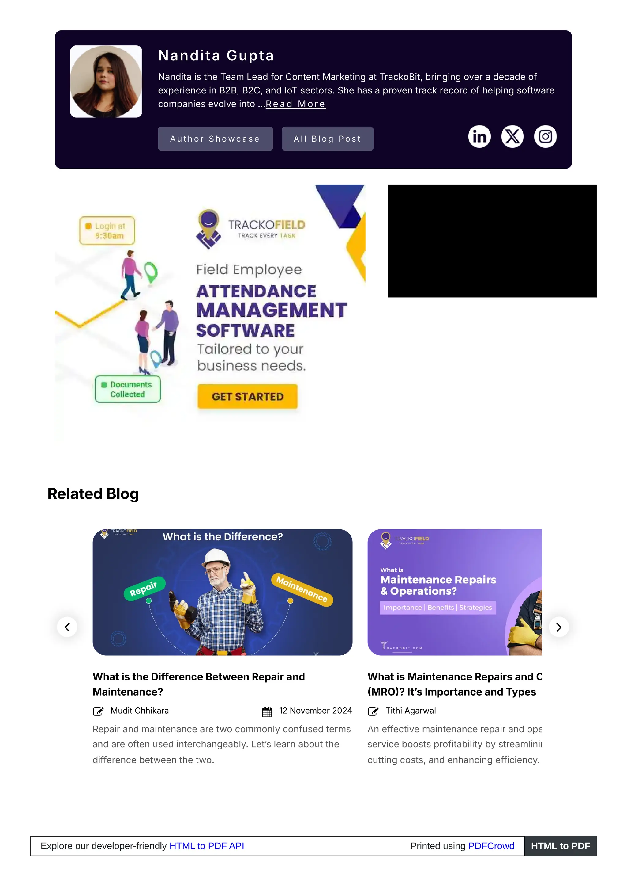 Nandita Gupta
Nandita is the Team Lead for Content Marketing at TrackoBit, bringing over a decade of
experience in B2B, B2C, and IoT sectors. She has a proven track record of helping software
companies evolve into ...Read More
Author Showcase All Blog Post
Related Blog
What is the Difference Between Repair and
Maintenance?
Repair and maintenance are two commonly confused terms
and are often used interchangeably. Let’s learn about the
difference between the two.
What is Maintenance Repairs and O
(MRO)? It’s Importance and Types
An effective maintenance repair and ope
service boosts profitability by streamlinin
cutting costs, and enhancing efficiency.
Mudit Chhikara
 12 November 2024
 Tithi Agarwal



Explore our developer-friendly HTML to PDF API Printed using PDFCrowd HTML to PDF
 