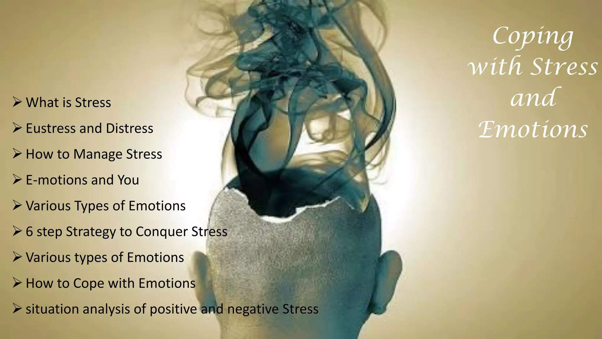 What is Stress
Eustress and Distress
How to Manage Stress
E-motions and You
Various Types of Emotions
6 step Strategy to Conquer Stress
Various types of Emotions
How to Cope with Emotions
situation analysis of positive and negative Stress
Coping
with Stress
and
Emotions
 