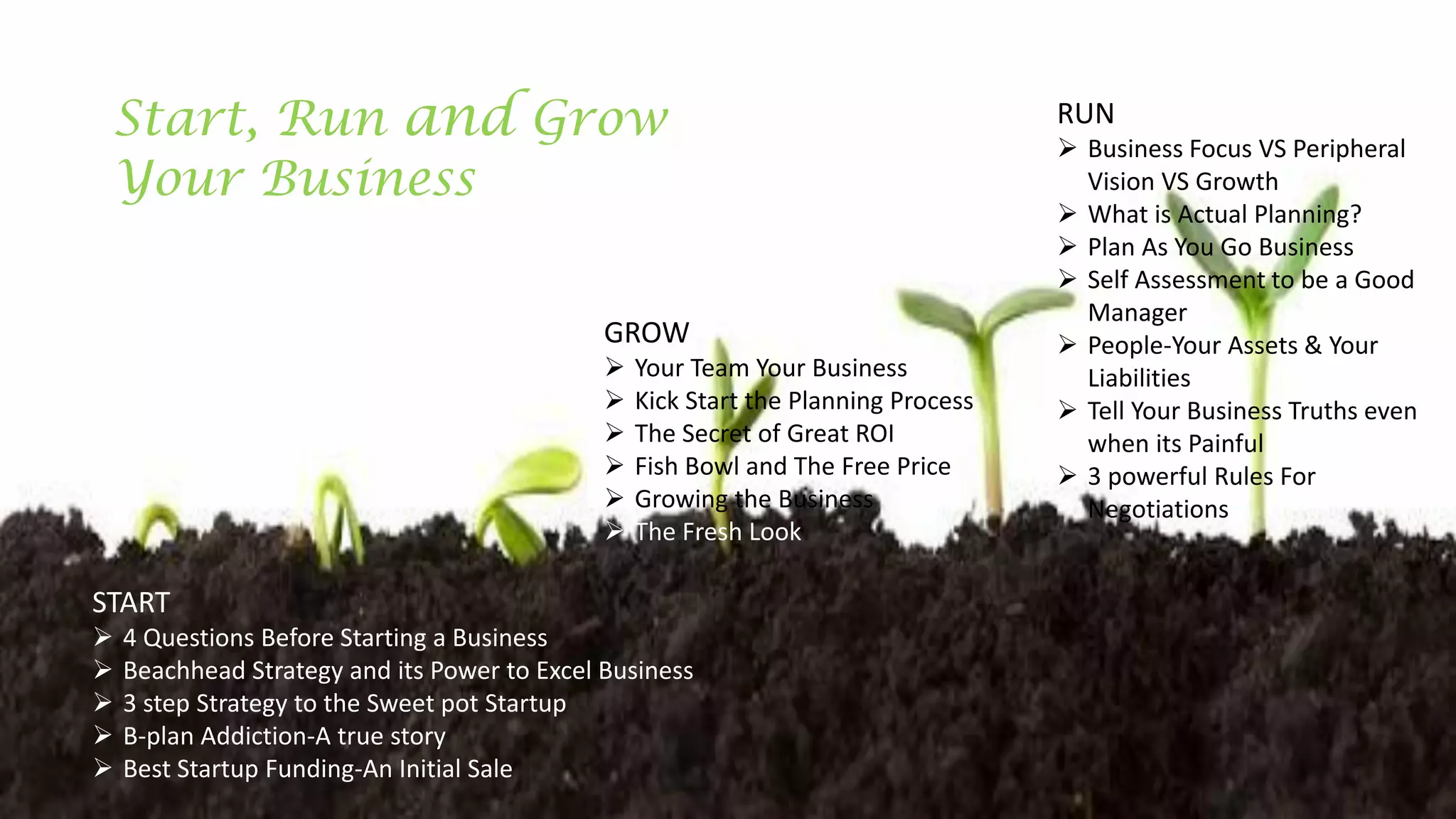 START
 4 Questions Before Starting a Business
 Beachhead Strategy and its Power to Excel Business
 3 step Strategy to the Sweet pot Startup
 B-plan Addiction-A true story
 Best Startup Funding-An Initial Sale
RUN
 Business Focus VS Peripheral
Vision VS Growth
 What is Actual Planning?
 Plan As You Go Business
 Self Assessment to be a Good
Manager
 People-Your Assets & Your
Liabilities
 Tell Your Business Truths even
when its Painful
 3 powerful Rules For
Negotiations
GROW
 Your Team Your Business
 Kick Start the Planning Process
 The Secret of Great ROI
 Fish Bowl and The Free Price
 Growing the Business
 The Fresh Look
Start, Run and Grow
Your Business
 