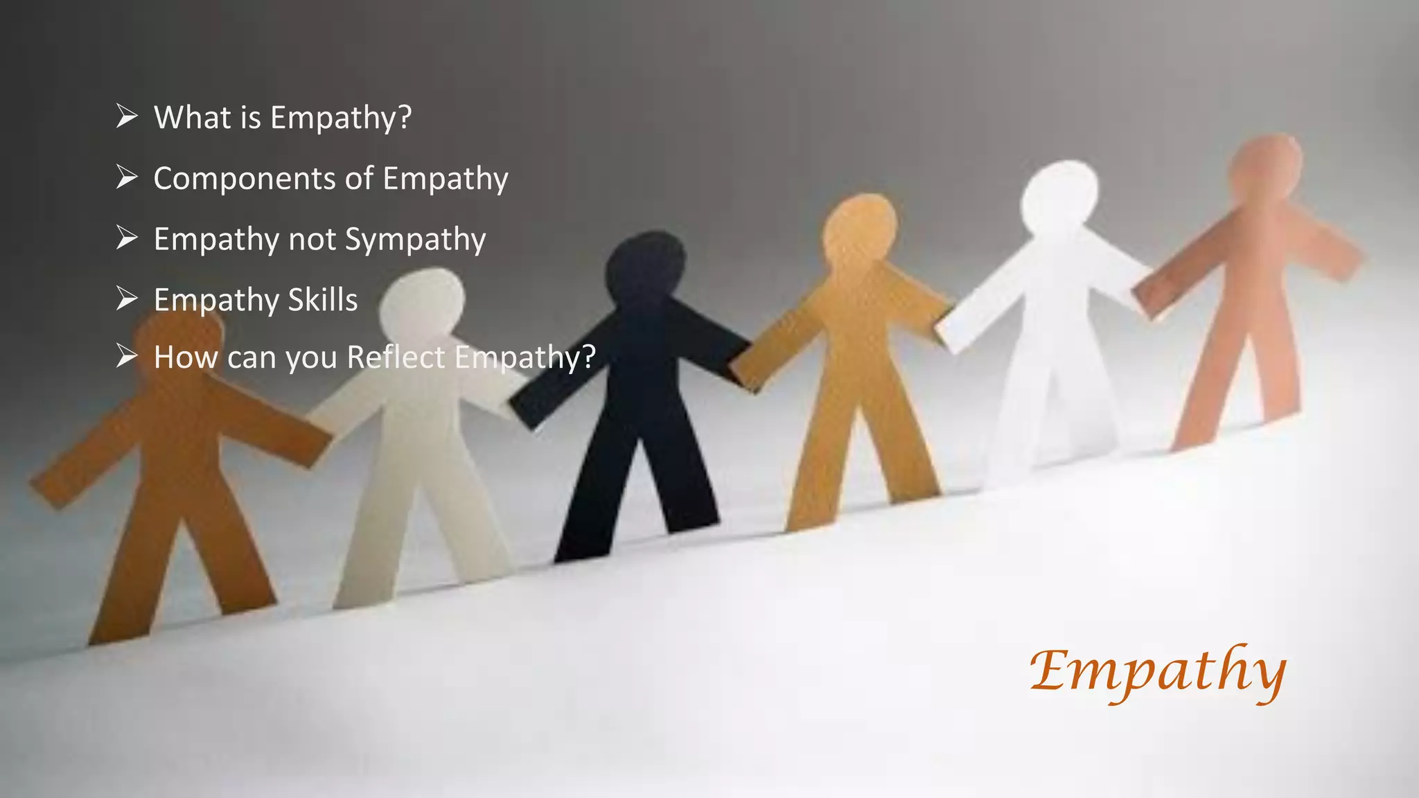  What is Empathy?
 Components of Empathy
 Empathy not Sympathy
 Empathy Skills
 How can you Reflect Empathy?
Empathy
 