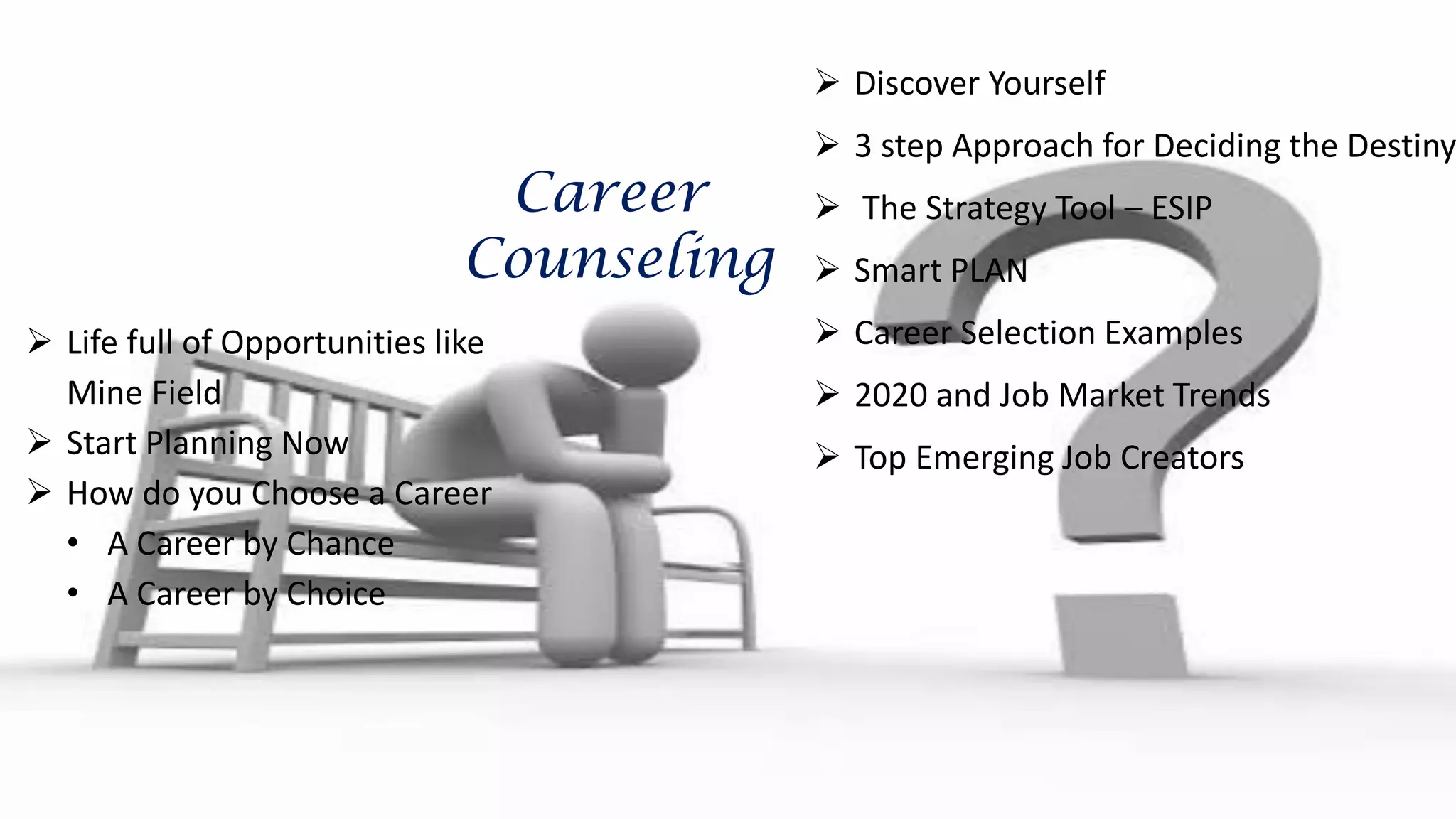  Life full of Opportunities like
Mine Field
 Start Planning Now
 How do you Choose a Career
• A Career by Chance
• A Career by Choice
 Discover Yourself
 3 step Approach for Deciding the Destiny
 The Strategy Tool – ESIP
 Smart PLAN
 Career Selection Examples
 2020 and Job Market Trends
 Top Emerging Job Creators
Career
Counseling
 