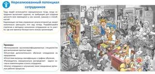 Труд людей используется нерационально тогда, когда со-
трудники выполняют задания, не требующие для создания
ценности всех имеющихся у них знаний, навыков и способ-
ностей.
Надлежащая система управления результативностью может
значительно уменьшить этот вид потерь. Разрабатывайте
стратегию и методики назначения сотрудников на те участ-
ки, где они принесут больше всего пользы организации.
Нереализованный потенциал
сотрудников
Примеры:
•Использование высококвалифицированных специалистов
для выполнения простых задач.
•Отсутствие дополнительного обучения сотрудников на
предприятии.
•Отсутствии матрицы квалификации и графика обучения;
•Руководитель нерационально распределяет задачи со-
гласно компетенциям и опыту сотрудника.
•Апатия сотрудника к улучшению своих ежедневных рутин-
ных рабочих процессов.
 