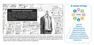 Бережливое производство
(Lean production, Lean manufacturing) – представляет
собой подход к управлению организацией, направлен-
ный на повышение качества работы за счет сокращения
потерь. Этот подход распространяется на все аспекты
деятельности – от проектирования и производства, до
сбыта продукции.
8 типов потерь
 Простои
 Дефекты
 Транспортировка
 Перепроизводство
 Избыточные запасы
 Избыточная обработка
 Избыточные перемещения
 Нереализованный потенциал
сотрудников
В любой организации потенциально может быть большое количество потерь, приводящих к снижению эф-
фективности работы. Эти потери представляют собой действия, не приносящие ценности конечному потреби-
телю. Если организация выявит и устранит такие потери, то это позволит ей повысить эффективность и тем
самым снизить стоимость продукции для конечного потребителя.
 