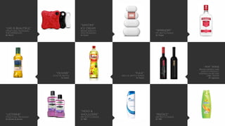 “LIFE IS BEAUTIFUL”
STRUCTURAL PACKAGING
FOR EXPERIENCES
for Maritz
“SANTINI”
ICE CREAM
BRAND IDENTITY
AND PACKAGING
for Santini
“SMIRNOFF”
PET BOTTLE RANGE
for Diageo
“OLIVARI”
OLIVE OIL BOTTLE
for Sovena
“FULA”
SEED OIL BOTTLE RANGE
for Sovena
“AYA” WINE
BRAND NAMING AND
IDENTITY, PRODUCT
NOMENCLATURE AND
LABEL DESIGN
for Logowines
“LISTERINE”
STRUCTURAL PACKAGING
for Johnson & Johnson
“HEAD &
SHOULDERS”
EBM BOTTLE RANGE
for P&G
“REJOICE”
EBM BOTTLE RANGE
for P&G
 