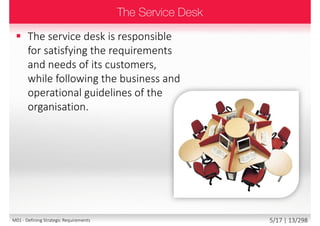  The service desk is responsible for satisfying the requirements and
needs of its customers, while following the business and operational
guidelines of the organisation.
5/18 | 13/299M01 - Defining Strategic Requirements
 