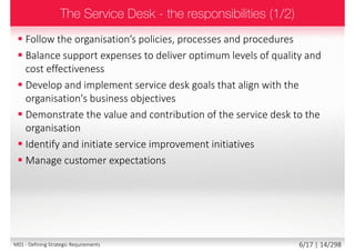  Follow the organisation’s policies, processes and procedures
 Balance support expenses to deliver optimum levels of quality and
cost effectiveness
 Develop and implement service desk goals that align with the
organisation's business objectives
 Demonstrate the value and contribution of the service desk to the
organisation
 Identify and initiate service improvement initiatives
 Manage customer expectations
6/18 | 14/299M01 - Defining Strategic Requirements
 