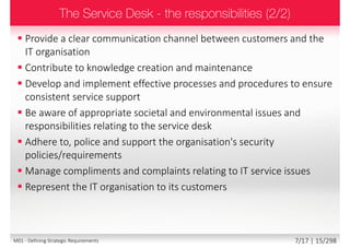  Provide a clear communication channel between customers and the
IT organisation
 Contribute to knowledge creation and maintenance
 Develop and implement effective processes and procedures to ensure
consistent service support
 Be aware of appropriate societal and environmental issues and
responsibilities relating to the service desk
 Adhere to, police and support the organisation's security
policies/requirements
 Manage compliments and complaints relating to IT service issues
 Represent the IT organisation to its customers
7/18 | 15/299M01 - Defining Strategic Requirements
 