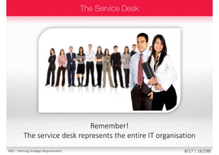 Remember!
The service desk represents the entire IT organisation
8/18 | 16/299M01 - Defining Strategic Requirements
 