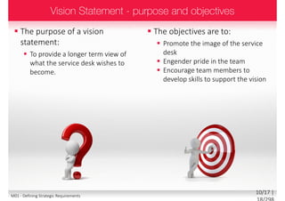  The purpose of a vision
statement:
 To provide a longer term view of
what the service desk wishes to
become.
 The objectives are to:
 Promote the image of the service
desk
 Engender pride in the team
 Encourage team members to
develop skills to support the vision
10/18 | 18/299M01 - Defining Strategic Requirements
 