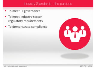 To meet IT governance
 To meet industry-sector
regulatory requirements
 To demonstrate compliance
15/18 | 23/299M01 - Defining Strategic Requirements
 