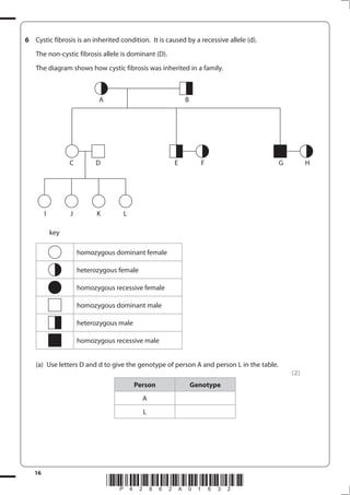16
*P42862A01632*
6 Cystic fibrosis is an inherited condition. It is caused by a recessive allele (d).
The non-cystic fibrosis allele is dominant (D).
The diagram shows how cystic fibrosis was inherited in a family.
key
homozygous dominant female
heterozygous female
homozygous recessive female
homozygous dominant male
heterozygous male
homozygous recessive male
(a) Use letters D and d to give the genotype of person A and person L in the table.
(2)
Person Genotype
A
L
A B
C D E F G H
I J K L
 