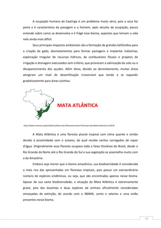 14
A ocupação humana da Caatinga é um problema muito sério, pois a seca faz
parte e é característica da paisagem e o homem, após séculos de ocupação, pouco
entende sobre como se desenvolve e é frágil esse bioma, aspectos que tornam a vida
nele ainda mais difícil.
Seus principais impactos ambientais são a formação de grandes latifúndios para
a criação de gado, desmatamentos para formar pastagens e implantar indústrias,
exploração irregular de recursos hídricos, de combustíveis fósseis e projetos de
irrigação e drenagem executados sem critério, que provocam a salinização do solo ou o
desaparecimento dos açudes. Além disso, devido ao desmatamento, muitas áreas
atingiram um nível de desertificação irreversível que tende a se expandir
gradativamente para áreas vizinhas.
MATA ATLÂNTICA
A Mata Atlântica é uma floresta pluvial tropical com clima quente e úmido
devido à proximidade com o oceano, do qual recebe ventos carregados de vapor
d'água. Originalmente essa floresta ocupava toda a faixa litorânea do Brasil, desde o
Rio Grande do Norte até o Rio Grande do Sul e sua vegetação se assemelha muito com
a da Amazônia.
Embora seja menor que o bioma amazônico, sua biodiversidade é considerada
a mais rica das apresentadas em florestas tropicais, pois possui um extraordinário
número de espécies endêmicas, ou seja, que são encontradas apenas nesse bioma.
Apesar de sua vasta biodiversidade, a situação da Mata Atlântica é extremamente
grave, pois das duzentas e duas espécies de animais oficialmente consideradas
ameaçadas de extinção, de acordo com o IBAMA, cento e setenta e uma estão
presentes nesse bioma.
http://www.riosvivos.org.br/Noticia/Atlas+dos+Remanescentes+Florestais+da+Mata+Atlantica+/15676
 