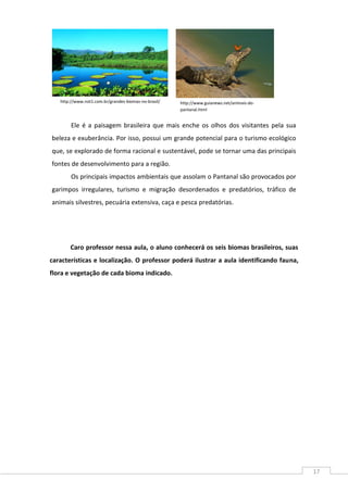 17
Ele é a paisagem brasileira que mais enche os olhos dos visitantes pela sua
beleza e exuberância. Por isso, possui um grande potencial para o turismo ecológico
que, se explorado de forma racional e sustentável, pode se tornar uma das principais
fontes de desenvolvimento para a região.
Os principais impactos ambientais que assolam o Pantanal são provocados por
garimpos irregulares, turismo e migração desordenados e predatórios, tráfico de
animais silvestres, pecuária extensiva, caça e pesca predatórias.
Caro professor nessa aula, o aluno conhecerá os seis biomas brasileiros, suas
características e localização. O professor poderá ilustrar a aula identificando fauna,
flora e vegetação de cada bioma indicado.
http://www.not1.com.br/grandes-biomas-no-brasil/ http://www.guianews.net/animais-do-
pantanal.html
 