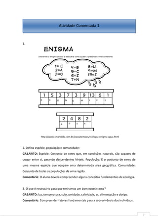 7
1.
http://www.smartkids.com.br/passatempos/ecologia-enigma-agua.html
2. Defina espécie, população e comunidade:
GABARITO: Espécie: Conjunto de seres que, em condições naturais, são capazes de
cruzar entre si, gerando descendentes férteis. População: É o conjunto de seres de
uma mesma espécie que ocupam uma determinada área geográfica. Comunidade:
Conjunto de todas as populações de uma região.
Comentário: O aluno deverá compreender alguns conceitos fundamentais de ecologia.
3. O que é necessário para que tenhamos um bom ecossistema?
GABARITO: luz, temperatura, solo, umidade, salinidade, ar, alimentação e abrigo.
Comentário: Compreender fatores fundamentais para a sobrevivência dos indivíduos.
Atividade Comentada 1
 