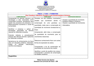 GOVERNO DO ESTADO DO TOCANTINS
                                             SECRETARIA DA EDUCAÇÃO E CULTURA
                                               SUPERINTENDÊNCIA DE EDUCAÇÃO
                                                 DIRETORIA DE ENSINO MÉDIO
                                          COORDENADORIA DE CURRÍCULO E FORMAÇÃO


                                             FÍSICA – 1º ANO – 4º BIMESTRE
                           Eixo Temático I: Mecânica, Energia e suas transformações e Universo
            COMPETÊNCIAS                                  HABILIDADE                            CONTEÚDOS BÁSICOS
Compreender as ciências naturais e as    Perceber, em seu cotidiano, movimentos
tecnologias a elas associadas como                                                    – Impulso e quantidade de movimento.
                                         simples    que    acontecem      devido    à
construções humanas, percebendo seus                                                  – Equilíbrio Estático e Dinâmico
papéis nos processos de produção e no    conservação      de   uma     grandeza    ou – Impulso e quantidade de movimentos
desenvolvimento econômico e social da
                                         quantidade, neste caso a conservação da – Hidrostática
humanidade.
                                    quantidade de movimento translacional ou
Identificar a presença e aplicar as
                                    linear;
tecnologias associadas às ciências
naturais em diferentes contextos.   Compreender, além disso, a conservação
                                            da quantidade de movimento para os
Entender métodos e procedimentos
próprios das ciências naturais e aplicá-los movimentos rotacionais;
em diferentes contextos.
                                          Relacionar conhecimento físico com outras
Apropriar-se de conhecimentos da física
para, em situações problema, interpretar, formas de expressão da cultura;
avaliar     ou    planejar intervenções
científico-tecnológicas.
                                          Compreender a lei da conservação da
                                          quantidade de movimento dos corpos;

                                         Identificar o ponto de equilibro dos corpos;
                                         Compreender o processo de conservação
                                         do trabalho mecânico.
Sugestões:
-
                                            Weber Ferreira dos Santos
                                        Assessor de Currículo de Física – EM
 