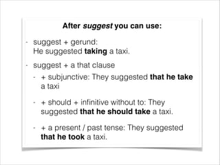 After suggest you can use:!
-

suggest + gerund:  
He suggested taking a taxi.

-

suggest + a that clause
-

+ subjunctive: They suggested that he take
a taxi

-

+ should + inﬁnitive without to: They
suggested that he should take a taxi.

-

+ a present / past tense: They suggested
that he took a taxi.

 