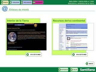 Enlaces de interés INICIO ESQUEMA RECURSOS INTERNET INICIO SALIR ANTERIOR Interior de la Tierra IR A ESTA WEB Recursos deriva continental IR A ESTA WEB 