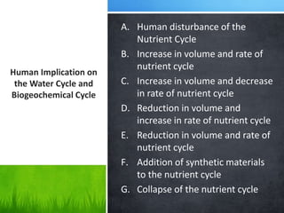 Human Implication on
the Water Cycle and
Biogeochemical Cycle
A. Human disturbance of the
Nutrient Cycle
B. Increase in volume and rate of
nutrient cycle
C. Increase in volume and decrease
in rate of nutrient cycle
D. Reduction in volume and
increase in rate of nutrient cycle
E. Reduction in volume and rate of
nutrient cycle
F. Addition of synthetic materials
to the nutrient cycle
G. Collapse of the nutrient cycle
 