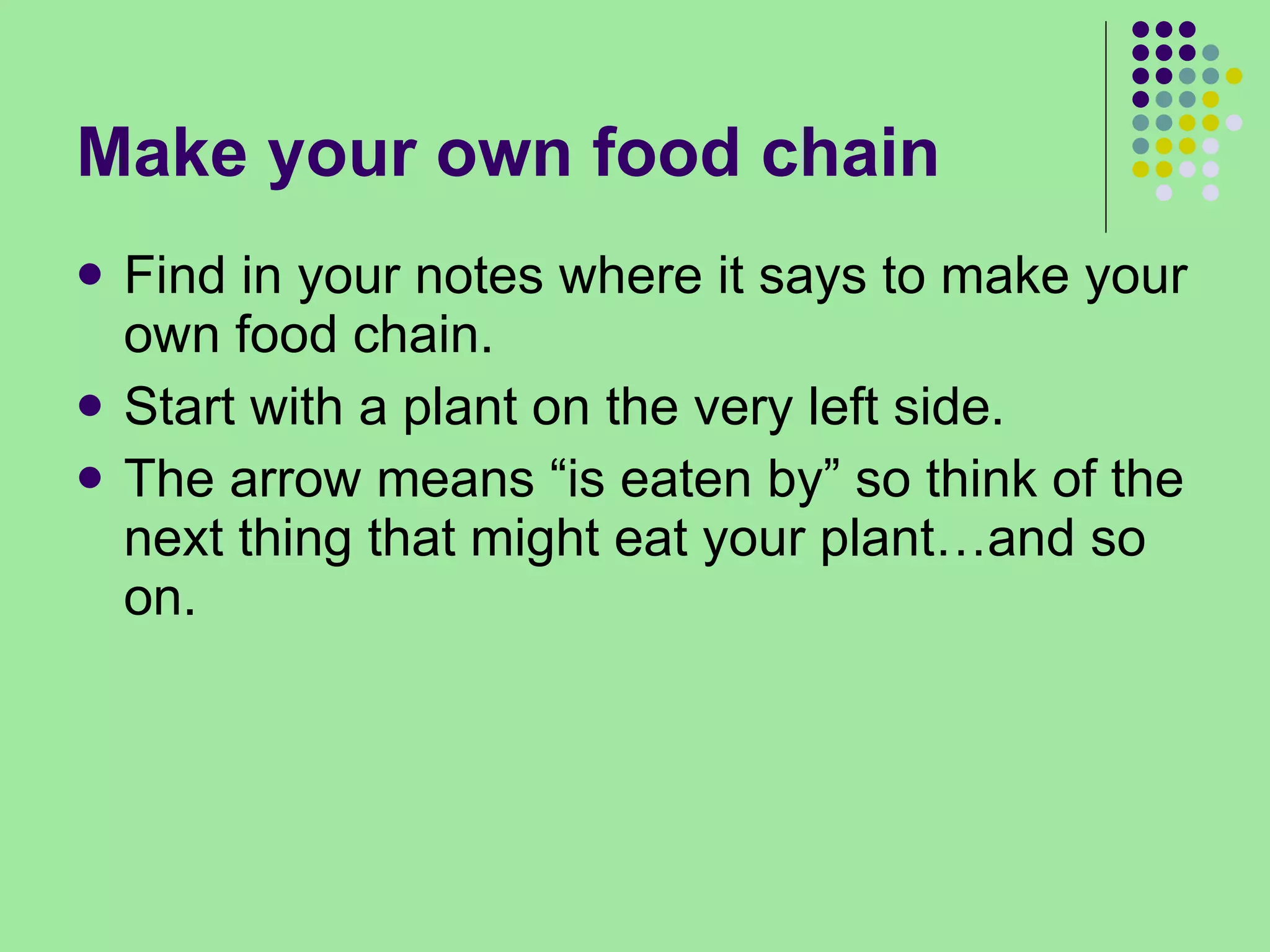 Make your own food chain Find in your notes where it says to make your own food chain. Start with a plant on the very left side. The arrow means “is eaten by” so think of the next thing that might eat your plant…and so on. 