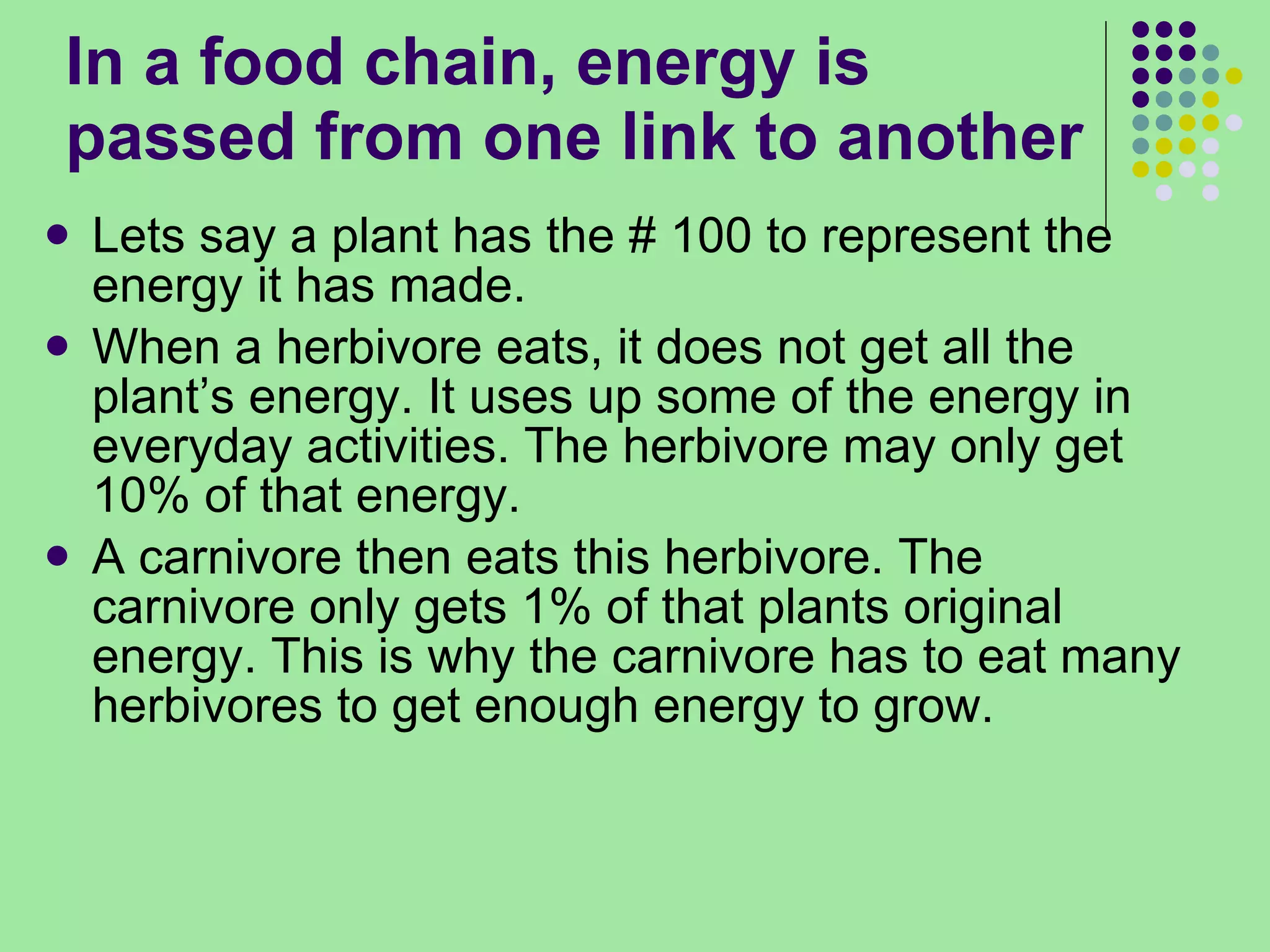In a food chain, energy is passed from one link to another Lets say a plant has the # 100 to represent the energy it has made. When a herbivore eats, it does not get all the plant’s energy. It uses up some of the energy in everyday activities. The herbivore may only get 10% of that energy. A carnivore then eats this herbivore. The carnivore only gets 1% of that plants original energy. This is why the carnivore has to eat many herbivores to get enough energy to grow. 