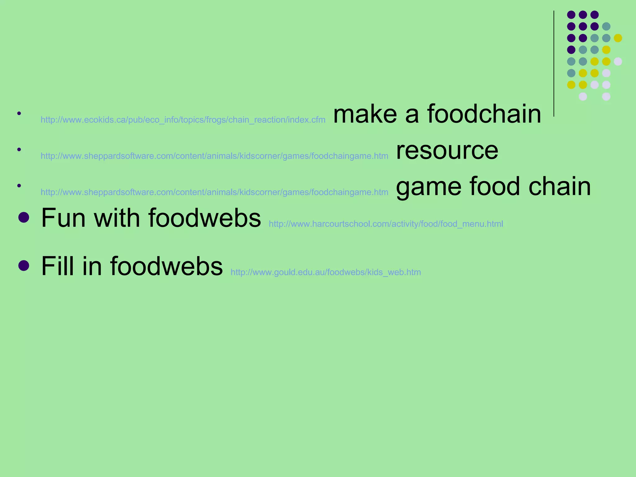 http://www.ecokids.ca/pub/eco_info/topics/frogs/chain_reaction/index.cfm  make a foodchain http://www.sheppardsoftware.com/content/animals/kidscorner/games/foodchaingame.htm  resource http://www.sheppardsoftware.com/content/animals/kidscorner/games/foodchaingame.htm  game food chain Fun with foodwebs  http://www.harcourtschool.com/activity/food/food_menu.html   Fill in foodwebs  http://www.gould.edu.au/foodwebs/kids_web.htm   