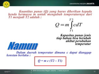 Kuantitas panas (Q) yang harus diberikan kepada benda bermassa m untuk mengubah temperaturnya dari T1 menjadi T2 adalah : Kapasitas panas jenis tiap bahan bisa berubah akibat perubahan temperatur Dalam daerah temperatur dimana c dapat dianggap konstan berlaku : Q = m c (T2 – T1) Namun 02/02/11 ©  2010 Universitas Negeri Jakarta  |  www.unj.ac.id  | 