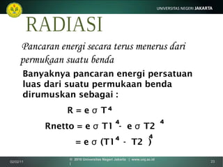 RADIASI Pancaran energi secara terus menerus dari permukaan suatu benda Banyaknya pancaran energi persatuan luas dari suatu permukaan benda dirumuskan sebagai : R = e  σ  T Rnetto = e  σ  T1  -  e  σ  T2   = e  σ  (T1  -  T2  ) 4 4 4 4 4 02/02/11 ©  2010 Universitas Negeri Jakarta  |  www.unj.ac.id  | 
