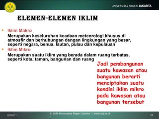 Elemen-elemen iklim Iklim Makro Merupakan keseluruhan keadaan meteorologi khusus di atmosfir dan berhubungan dengan lingkungan yang besar, seperti negara, benua, lautan, pulau dan kepulauan Iklim Mikro Merupakan suatu iklim yang berada dalam ruang terbatas, seperti kota, taman, bangunan dan ruang Jadi pembangunan suatu kawasan atau bangunan berarti menciptakan suatu kondisi iklim mikro pada kawasan atau bangunan tersebut 02/02/11 ©  2010 Universitas Negeri Jakarta  |  www.unj.ac.id  | 