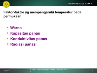Faktor-faktor yg mempengaruhi temperatur pada permukaan Warna Kapasitas panas Konduktivitas panas Radiasi panas  02/02/11 ©  2010 Universitas Negeri Jakarta  |  www.unj.ac.id  | 