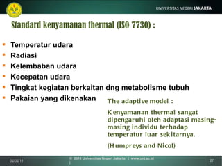 Temperatur udara Radiasi Kelembaban udara Kecepatan udara Tingkat kegiatan berkaitan dng metabolisme tubuh Pakaian yang dikenakan Standard kenyamanan thermal (ISO 7730) : The adaptive model : Kenyamanan thermal sangat dipengaruhi oleh adaptasi masing-masing individu terhadap temperatur luar sekitarnya. (Humpreys and Nicol) 02/02/11 ©  2010 Universitas Negeri Jakarta  |  www.unj.ac.id  | 