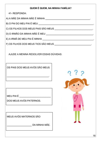 18
QUEM É QUEM, NA MINHA FAMÍLIA?
41- RESPONDA:
A) A MÃE DA MINHA MÃE É MINHA __________________________________.
B) O PAI DO MEU PAI É MEU __________________________________________.
C) OS FILHOS DOS MEUS PAIS SÃO MEUS _____________________________.
D) O IRMÃO DA MINHA MÃE É MEU ____________________________________.
E) A IRMÃ DE MEU PAI É MINHA _______________________________________.
F) OS FILHOS DOS MEUS TIOS SÃO MEUS ____________________________.
AJUDE A MENINA RESOLVER ESSAS DÚVIDAS:
OS PAIS DOS MEUS AVÓS SÃO MEUS
________________________________.
MEU PAI É ________________________
DOS MEUS AVÓS PATERNOS.
MEUS AVÓS MATERNOS SÃO
___________________ DA MINHA MÃE.
 