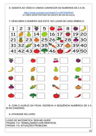 23
6- ASSISTA AO VÍDEO E VAMOS CONHECER OS NUMERAIS DE 0 A 50:
https://www.youtube.com/watch?v=zkIY24ptWeQ
(O VÍDEO SERÁ POSTADO NO GRUPO NO DIA DA AULA)
7- DESCUBRA O NÚMERO QUE ESTÁ NO LUGAR DE CADA SÍMBOLO:
8- COM O AUXÍLIO DA FICHA, ESCREVA A SEQUÊNCIA NUMÉRICA DE 0 A
50 NO CADERNO.
9- ATIVIDADE NO LIVRO:
LIVRO DE MATEMÁTICA “BEM-ME-QUER”.
PÁGINA 114: TRABALHANDO COM GRÁFICOS.
PÁGINA 115: SITUAÇÕES PROBLEMA.
 
