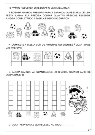 27
16- VAMOS RESOLVER ESTE DESAFIO DE MATEMÁTICA:
A ROSINHA GANHOU PRENDAS PARA A BARRACA DA PESCARIA DE UMA
FESTA JUNINA. ELA PRECISA CONTAR QUANTAS PRENDAS RECEBEU,
AJUDE-A COMPLETANDO A TABELA E DEPOIS O GRÁFICO:
A- COMPLETE A TABELA COM OS NUMERAIS REFERENTES À QUANTIDADE
DAS PRENDAS:
B- AGORA MARQUE AS QUANTIDADES NO GRÁFICO USANDO LÁPIS DE
COR VERMELHO:
C- QUANTAS PRENDAS ELA RECEBEU AO TODO? ________
 