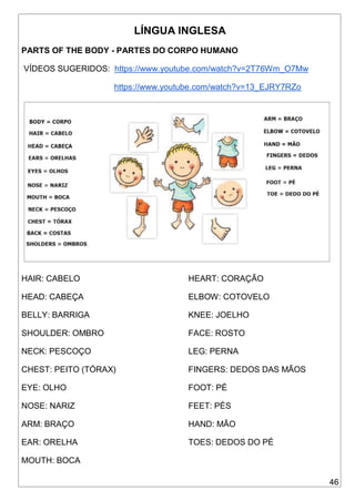 46
LÍNGUA INGLESA
PARTS OF THE BODY - PARTES DO CORPO HUMANO
VÍDEOS SUGERIDOS: https://www.youtube.com/watch?v=2T76Wm_O7Mw
https://www.youtube.com/watch?v=13_EJRY7RZo
HAIR: CABELO
HEAD: CABEÇA
BELLY: BARRIGA
SHOULDER: OMBRO
NECK: PESCOÇO
CHEST: PEITO (TÓRAX)
EYE: OLHO
NOSE: NARIZ
ARM: BRAÇO
EAR: ORELHA
MOUTH: BOCA
HEART: CORAÇÃO
ELBOW: COTOVELO
KNEE: JOELHO
FACE: ROSTO
LEG: PERNA
FINGERS: DEDOS DAS MÃOS
FOOT: PÉ
FEET: PÉS
HAND: MÃO
TOES: DEDOS DO PÉ
 