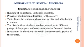 MANAGEMENT OF FINANCIAL RESOURCES
Importance of Education Financing
1. Running of Educational institutes smoothly.
2. Provision of educational facilities for the society.
3. To facilitate the students who cannot pay fee and afford other
expenses.
4. The distributions of educational opportunities to different
groups of the population have consequences for social justice.
5. Investment in education sector will cause economic growth of
the country.
10
By:
Ch.
M.Ashraf
tinyurl.com/z3j85t57
Telegram:
https://t.me/duhdra
 