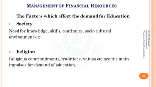 MANAGEMENT OF FINANCIAL RESOURCES
The Factors which affect the demand for Education
I. Society
Need for knowledge, skills, continuity, socio cultural
environment etc.
II. Religion
Religious commandments, traditions, values etc are the main
impulses for demand of education.
11
By:
Ch.
M.Ashraf
tinyurl.com/z3j85t57
Telegram:
https://t.me/duhdra
 