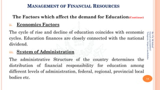 MANAGEMENT OF FINANCIAL RESOURCES
The Factors which affect the demand for Education(Continue)
ii. Economics Factors
The cycle of rise and decline of education coincides with economic
cycles. Education finances are closely connected with the national
dividend.
iii. System of Administration
The administrative Structure of the country determines the
distribution of financial responsibility for education among
different levels of administration, federal, regional, provincial local
bodies etc. 14
By:
Ch.
M.Ashraf
tinyurl.com/z3j85t57
Telegram:
https://t.me/duhdra
 