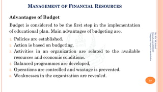 MANAGEMENT OF FINANCIAL RESOURCES
Advantages of Budget
Budget is considered to be the first step in the implementation
of educational plan. Main advantages of budgeting are.
1. Policies are established.
2. Action is based on budgeting,
3. Activities in an organization are related to the available
resources and economic conditions.
4. Balanced programmes are developed,
5. Operations are controlled and wastage is prevented.
6. Weaknesses in the organization are revealed.
18
By:
Ch.
M.Ashraf
tinyurl.com/z3j85t57
Telegram:
https://t.me/duhdra
 