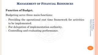 MANAGEMENT OF FINANCIAL RESOURCES
Function of Budget.
Budgeting serve three main functions:
1. Providing the operational cost time framework for activities
to be implemented.
2. For delegation of implementation authority.
3. Controlling and evaluating performance.
19
By:
Ch.
M.Ashraf
tinyurl.com/z3j85t57
Telegram:
https://t.me/duhdra
 