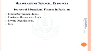 MANAGEMENT OF FINANCIAL RESOURCES
Sources of Educational Finance in Pakistan
1. Federal Government funds.
2. Provincial Government funds.
3. Private Organizations.
4. Fees
9
By:
Ch.
M.Ashraf
tinyurl.com/z3j85t57
Telegram:
https://t.me/duhdra
 