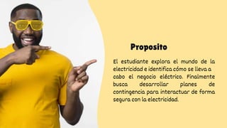 Proposito
El estudiante explora el mundo de la
electricidad e identifica cómo se lleva a
cabo el negocio eléctrico. Finalmente
busca desarrollar planes de
contingencia para interactuar de forma
segura con la electricidad.
 