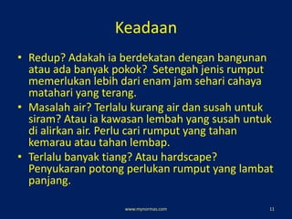 Keadaan
• Redup? Adakah ia berdekatan dengan bangunan
atau ada banyak pokok? Setengah jenis rumput
memerlukan lebih dari enam jam sehari cahaya
matahari yang terang.
• Masalah air? Terlalu kurang air dan susah untuk
siram? Atau ia kawasan lembah yang susah untuk
di alirkan air. Perlu cari rumput yang tahan
kemarau atau tahan lembap.
• Terlalu banyak tiang? Atau hardscape?
Penyukaran potong perlukan rumput yang lambat
panjang.
www.mynormas.com 11
 