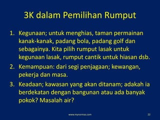 3K dalam Pemilihan Rumput
1. Kegunaan; untuk menghias, taman permainan
kanak-kanak, padang bola, padang golf dan
sebagainya. Kita pilih rumput lasak untuk
kegunaan lasak, rumput cantik untuk hiasan dsb.
2. Kemampuan: dari segi penjagaan; kewangan,
pekerja dan masa.
3. Keadaan; kawasan yang akan ditanam; adakah ia
berdekatan dengan bangunan atau ada banyak
pokok? Masalah air?
www.mynormas.com 22
 