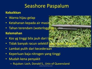 Seashore Paspalum
Kebaikkan
• Warna hijau gelap
• Ketahanan kepada air masin
• Tahan terendam (waterlogged)
Kelemahan
• Kos yg tinggi bila jauh dari laut
• Tidak banyak racun selektif yang boleh di guna
• Lambat pulih dari kecederaan
• Keperluan baja nitrogen yang tinggi
• Mudah kena penyakit
– Rujukan: Loch, Donald S., Univ of Queensland
www.mynormas.com
 