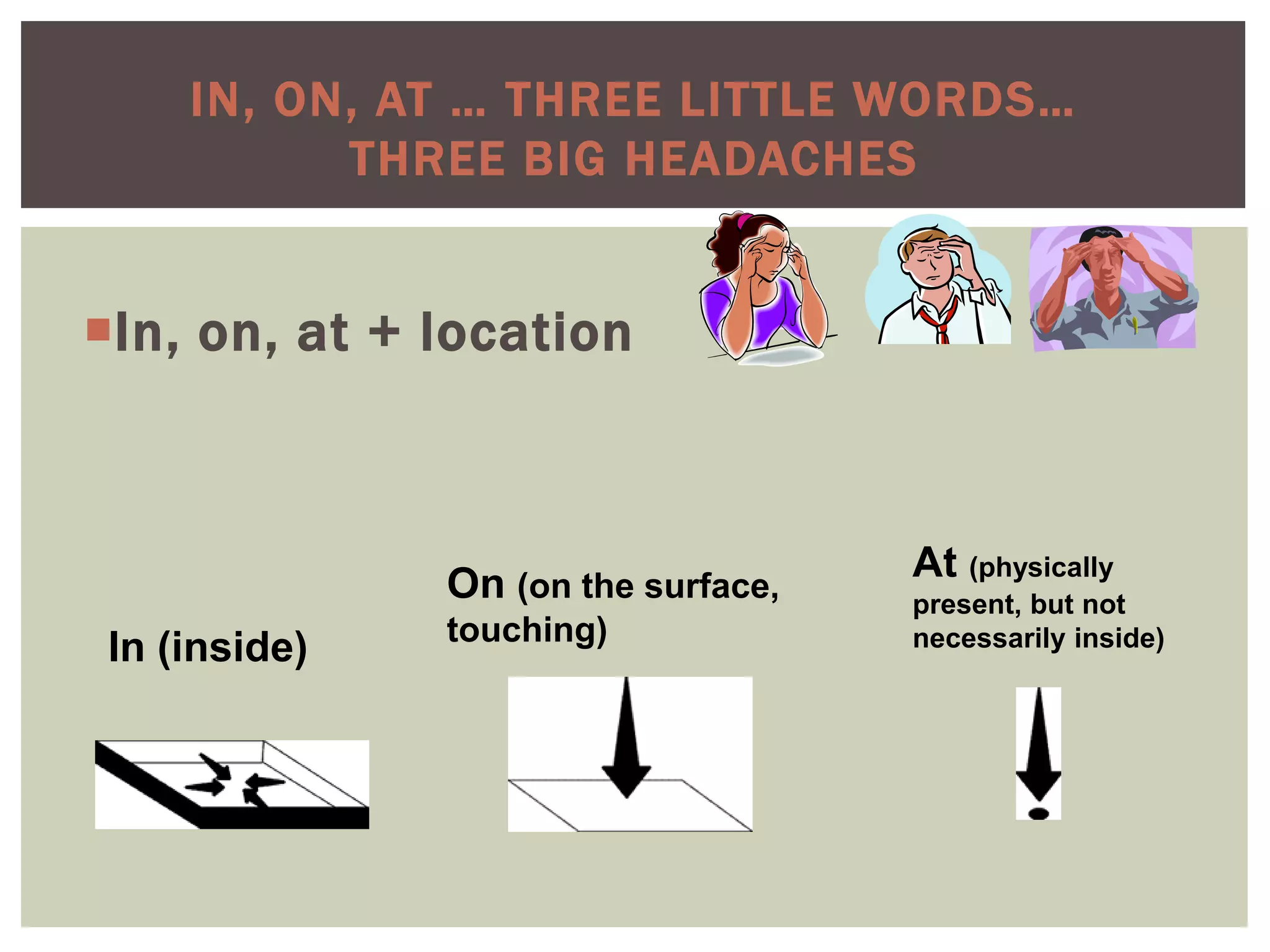 IN, ON, AT … THREE LITTLE WORDS…
THREE BIG HEADACHES
In, on, at + location
In (inside)
On (on the surface,
touching)
At (physically
present, but not
necessarily inside)
 