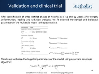 14
Validation and clinical trial
After identification of three distinct phases of healing at 2, 19 and 34 weeks after surgery
(inflammation, healing and radiation therapy), we fit selected mechanical and biological
parameters of the multiscale model to the patient data.
Third step: optimize the targeted parameters of the model using a surface response
algorithm:
 