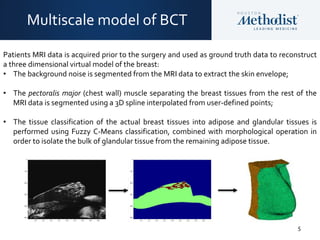 5
Multiscale model of BCT
Patients MRI data is acquired prior to the surgery and used as ground truth data to reconstruct
a three dimensional virtual model of the breast:
• The background noise is segmented from the MRI data to extract the skin envelope;
• The pectoralis major (chest wall) muscle separating the breast tissues from the rest of the
MRI data is segmented using a 3D spline interpolated from user-defined points;
• The tissue classification of the actual breast tissues into adipose and glandular tissues is
performed using Fuzzy C-Means classification, combined with morphological operation in
order to isolate the bulk of glandular tissue from the remaining adipose tissue.
 