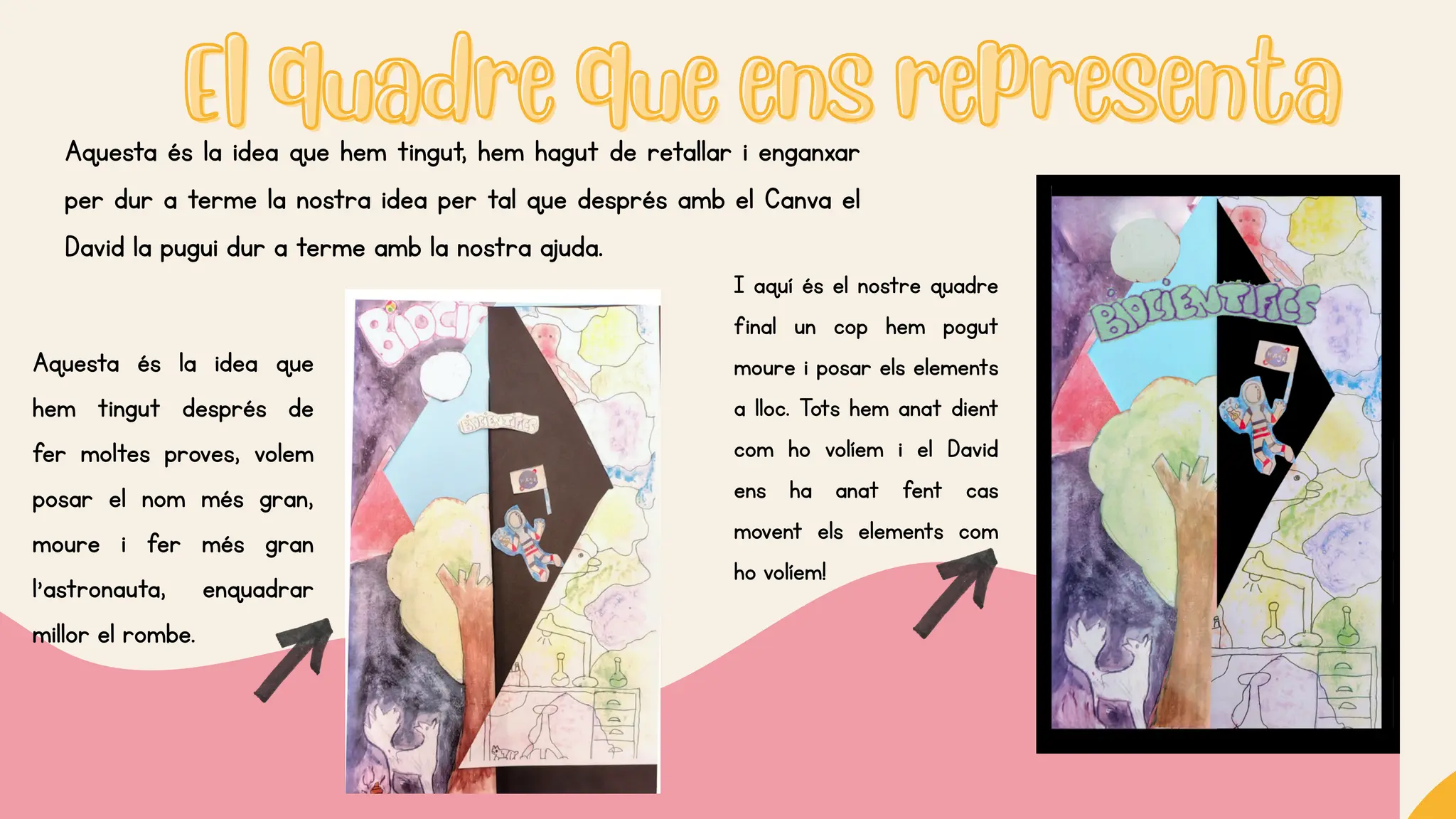 El quadre que ens representa
El quadre que ens representa
Aquesta és la idea que hem tingut, hem hagut de retallar i enganxar
per dur a terme la nostra idea per tal que després amb el Canva el
David la pugui dur a terme amb la nostra ajuda.
Aquesta és la idea que
hem tingut després de
fer moltes proves, volem
posar el nom més gran,
moure i fer més gran
l’astronauta, enquadrar
millor el rombe.
I aquí és el nostre quadre
final un cop hem pogut
moure i posar els elements
a lloc. Tots hem anat dient
com ho volíem i el David
ens ha anat fent cas
movent els elements com
ho volíem!
 