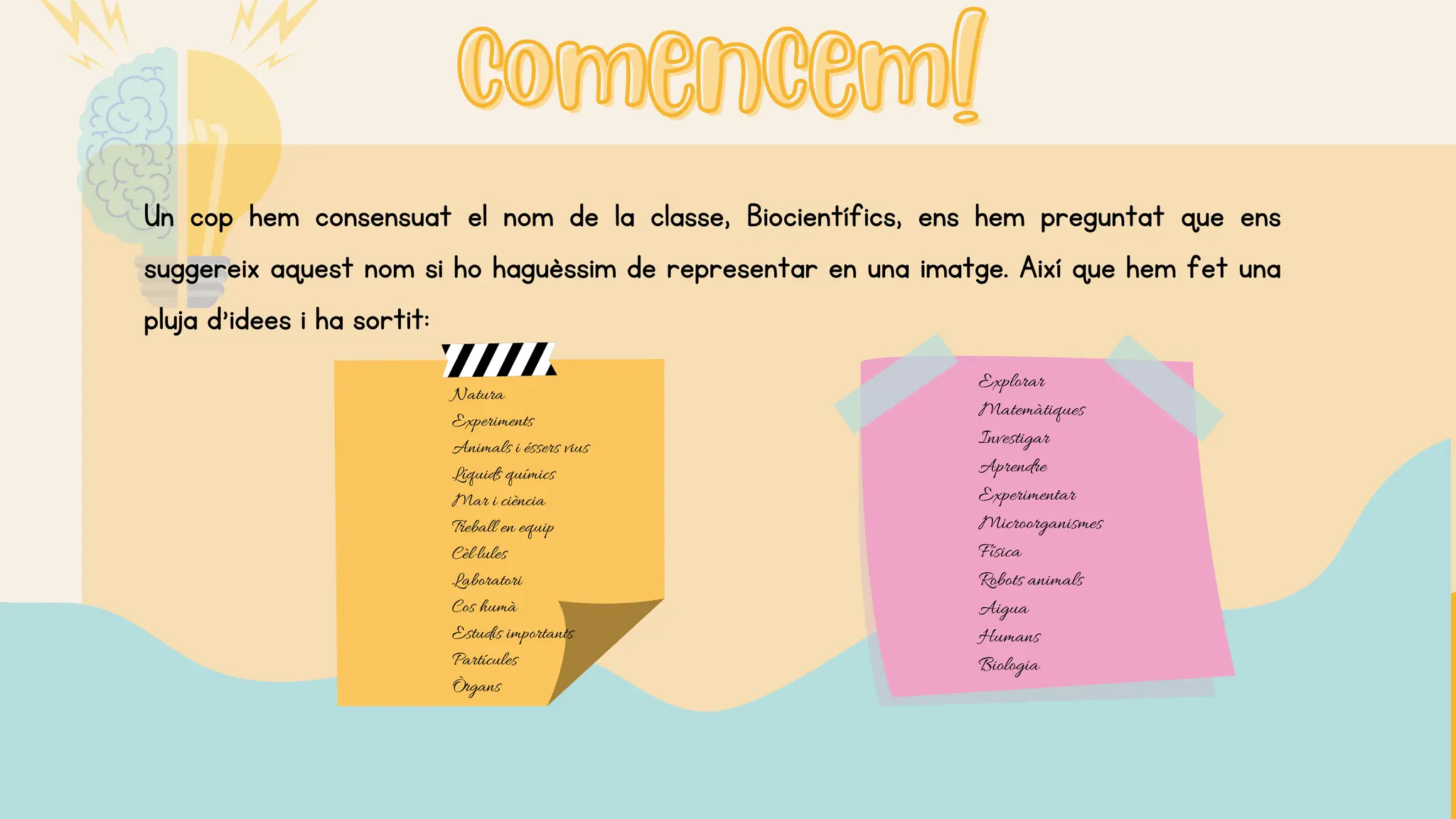 comencem!
comencem!
Un cop hem consensuat el nom de la classe, Biocientífics, ens hem preguntat que ens
suggereix aquest nom si ho haguèssim de representar en una imatge. Així que hem fet una
pluja d’idees i ha sortit:
Natura
Experiments
Animals i éssers vius
Líquids químics
Mar i ciència
Treball en equip
Cèl·lules
Laboratori
Cos humà
Estudis importants
Partícules
Òrgans
Explorar
Matemàtiques
Investigar
Aprendre
Experimentar
Microorganismes
Física
Robots animals
Aigua
Humans
Biologia
 